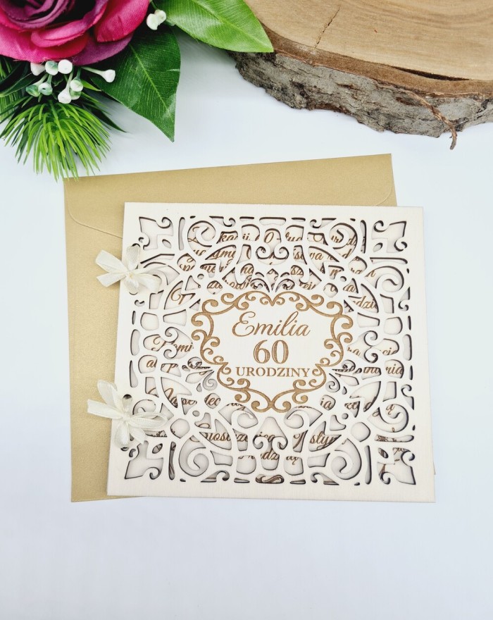 Drewniana kartka na urodziny, kartka personalizowana