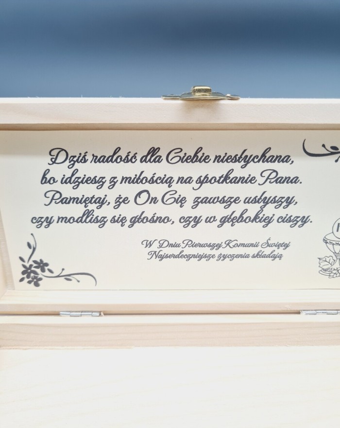 Pamiątka komunijna, drewniane pudełko na pieniądze Pierwsza Komunia Święta