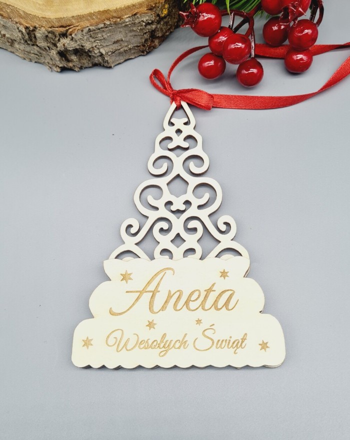 Bon podarunkowy, drewniana zawieszka świąteczna na choinkę
