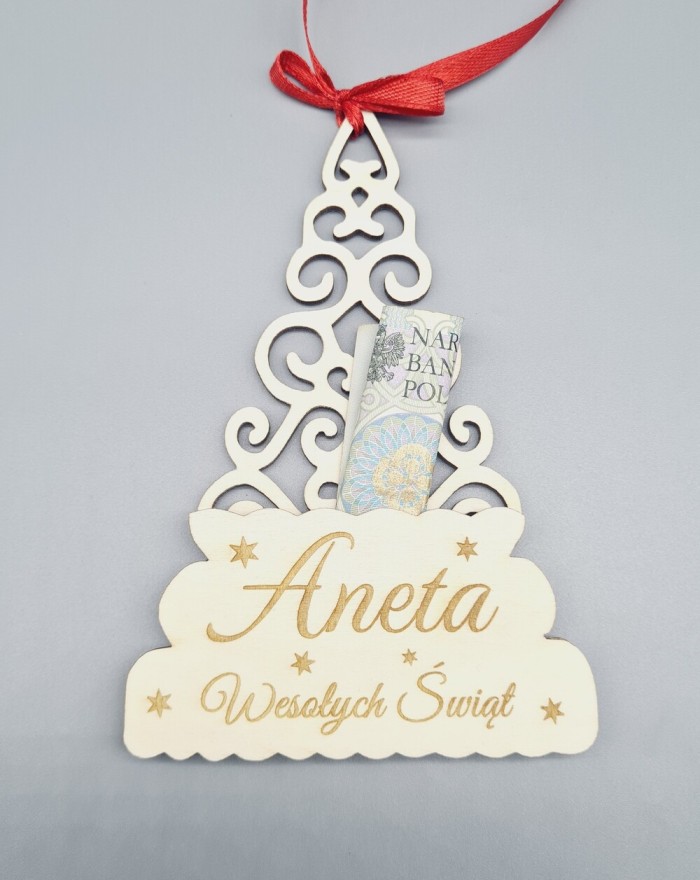 Bon podarunkowy, drewniana zawieszka świąteczna na choinkę