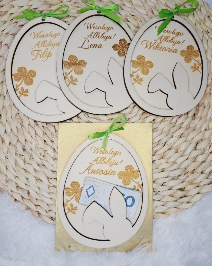 Zawieszka bon podarunkowy, drewniana zawieszka jajko z zajączkiem