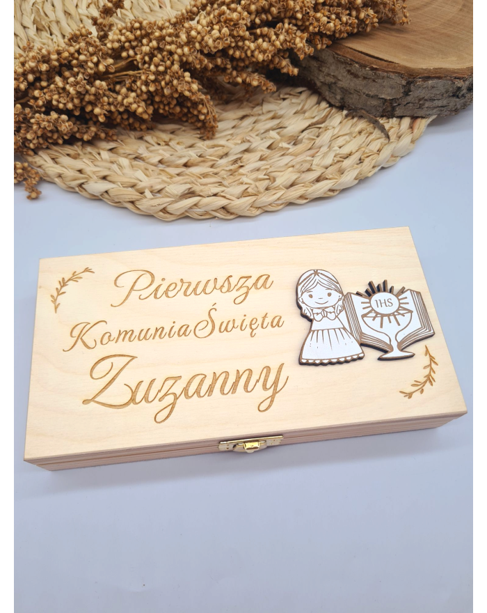 Pamiątka komunijna, drewniane pudełko na pieniądze Pierwsza Komunia Święta