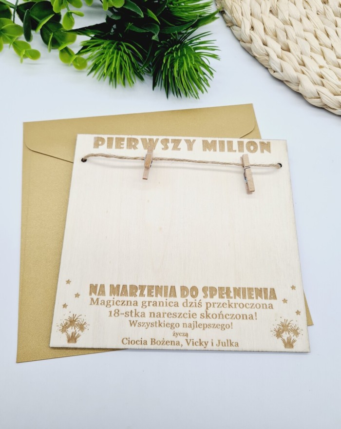 Tabliczka - "Pierwszy Milion - 18 urodziny", drewniana kartka na urodziny