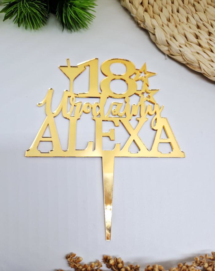 Topper na tort na urodziny, topper z plexi, personalizowany wiek+imię
