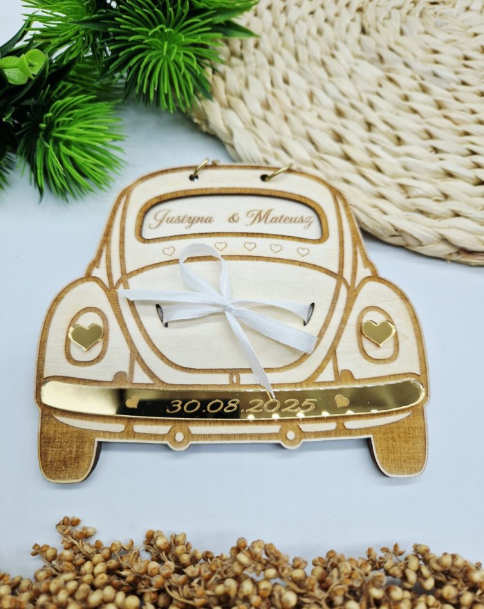 Personalizowana Kartka na Ślub, pamiątka Ślubna drewniana, prezent auto