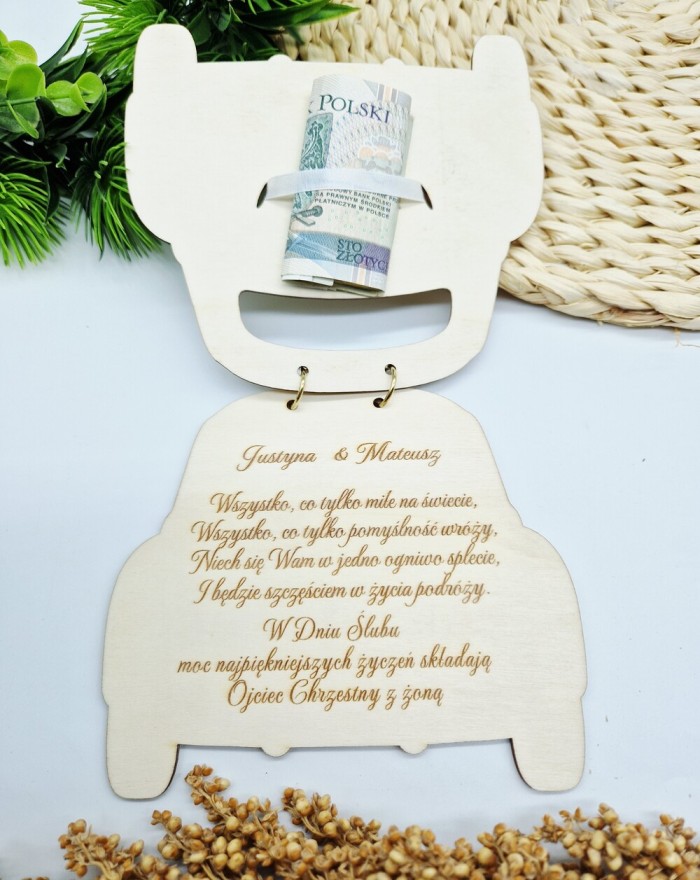 Personalizowana Kartka na Ślub, pamiątka Ślubna drewniana, prezent auto