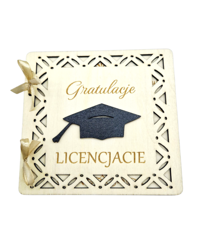 Kartka z gratulacjami drewniana personalizowana – obrona pracy licencjackiej lub magisterskiej, drewniana kartka gratulacyjna