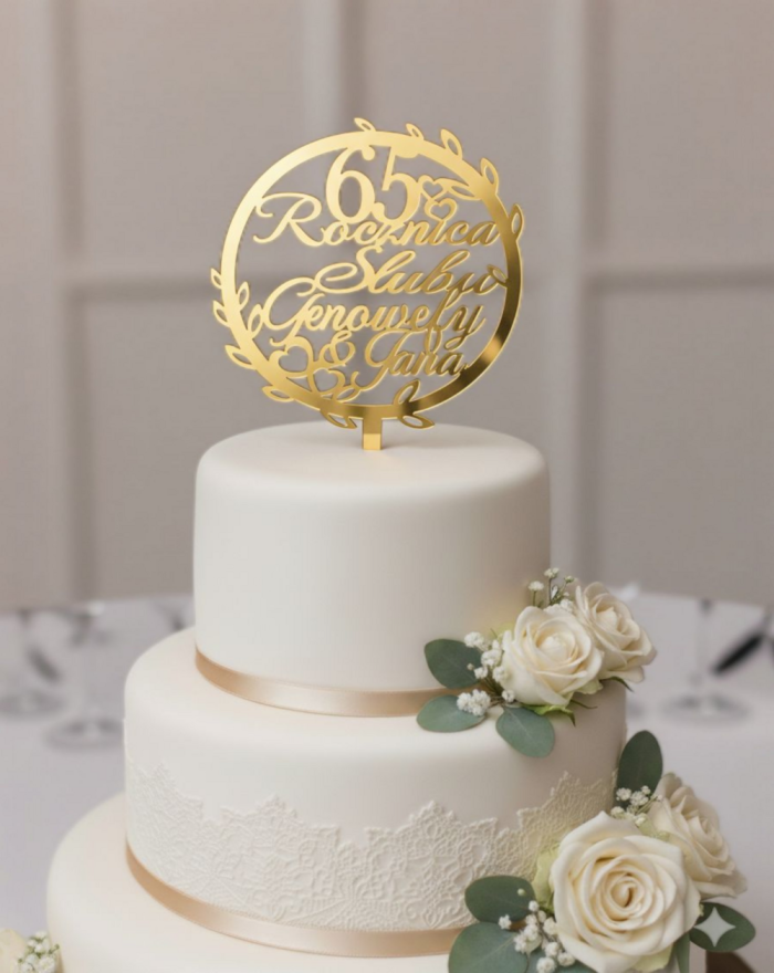 Topper na tort na Rocznicę Ślubu, Personalizowany, Złota Plexi z Imieniem i Numerem