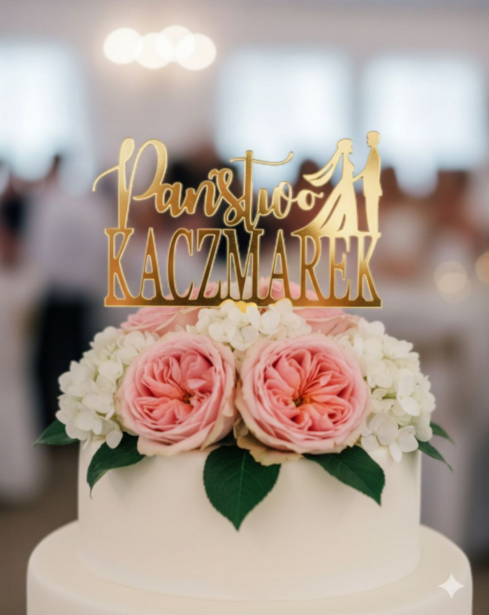 Topper na tort ślubny „Państwo + nazwisko” z parą młodą, topper na rocznicę