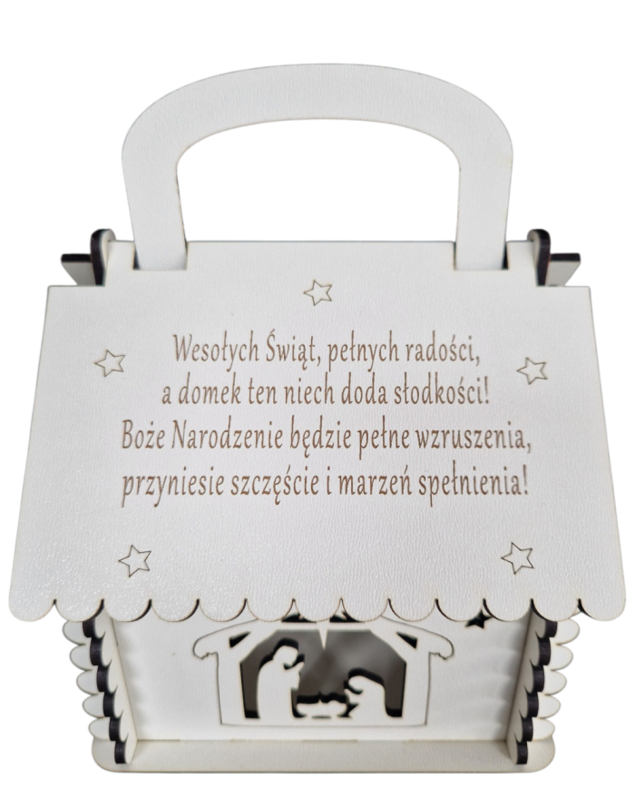 Domek pudełko na cukierki słodycze na święta, mikołajki, z grawerem, prezent na święta