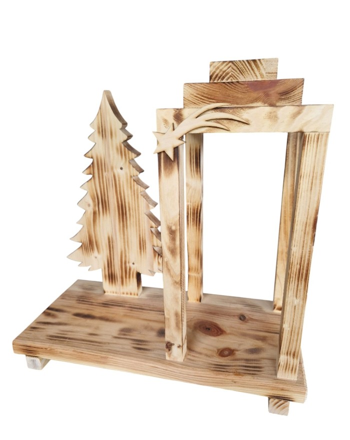 Drewniany lampion z choinką – baza do stroika bożonarodzeniowego, opalane drewno 35x35x16 cm