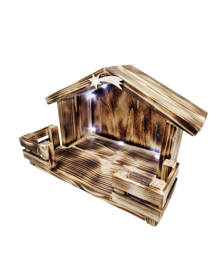 Szopka bożonarodzeniowa drewniana opalana z oświetleniem LED — dekoracja na Święta