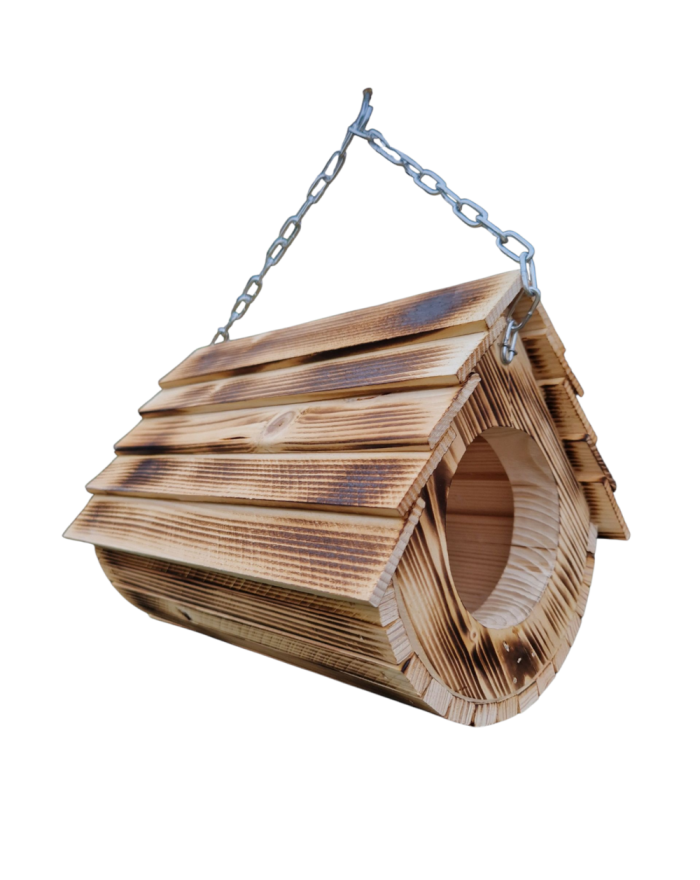 Drewniany karmnik dla ptaków opalany – ręcznie robiony, solidny, do ogrodu i na balkon, z łańcuchem – naturalne drewno