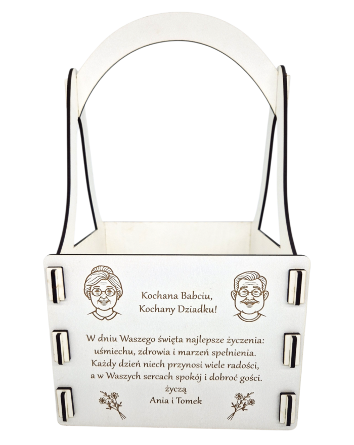 Skrzynka na kwiaty, nosidło na kwiaty lub słodycze, personalizowany upominek na Dzień Babci i Dziadka