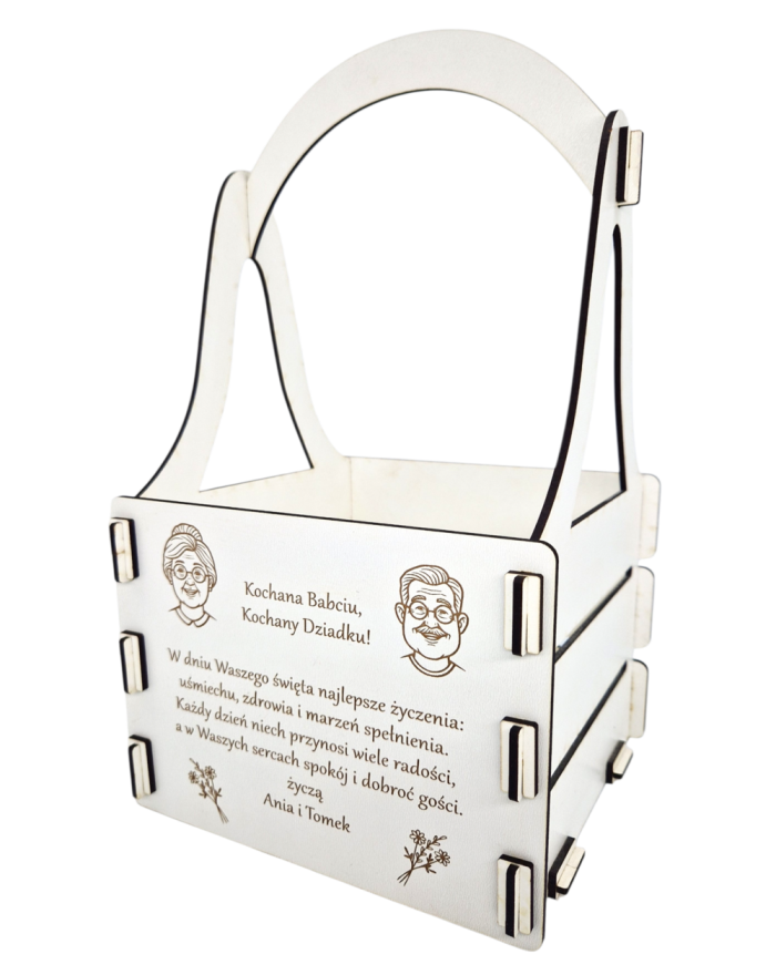 Skrzynka na kwiaty, nosidło na kwiaty lub słodycze, personalizowany upominek na Dzień Babci i Dziadka