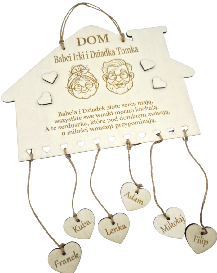 Drewniana tabliczka dla Babci i Dziadka – Personalizowany domek z serduszkami i imionami wnuków