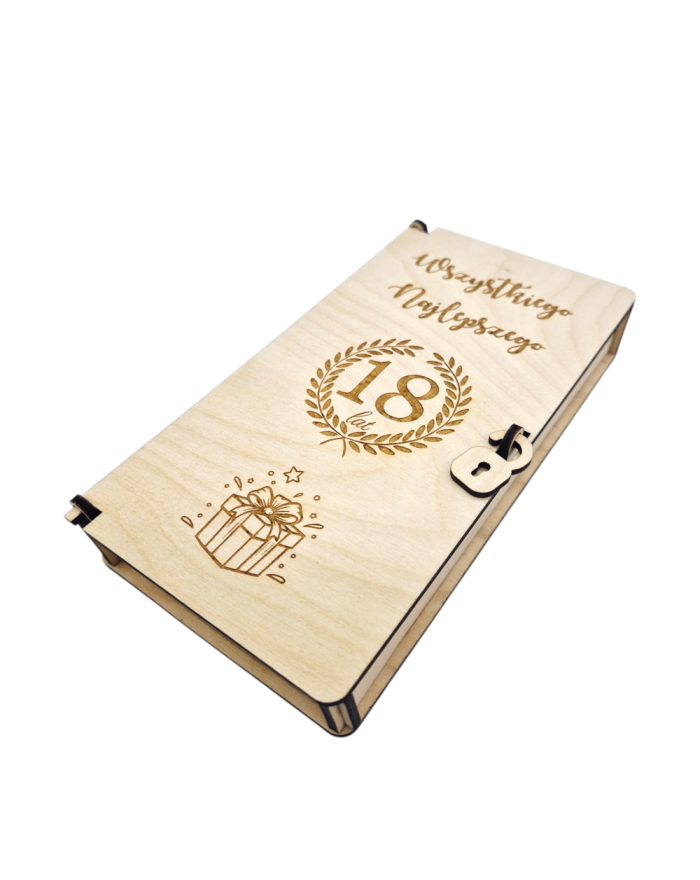Drewniane Pudełko na 18 Urodziny – Personalizowana Pamiątka na Pieniądze i Czekoladę