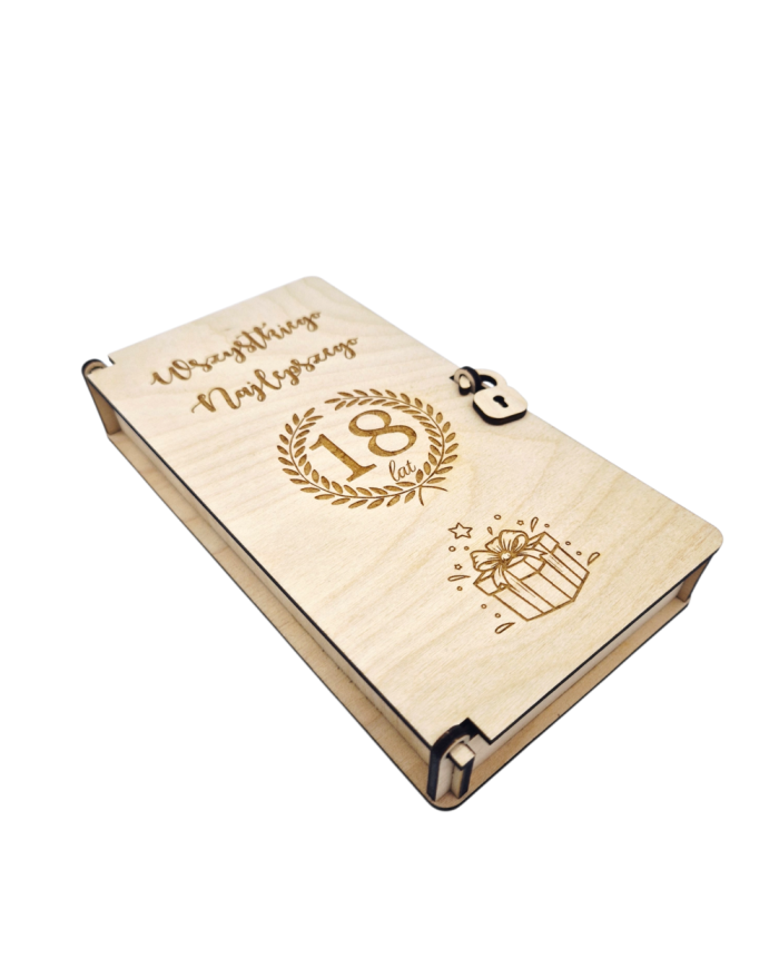 Drewniane Pudełko na 18 Urodziny – Personalizowana Pamiątka na Pieniądze i Czekoladę