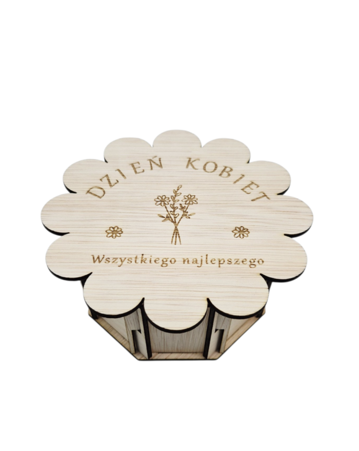 Drewniane pudełko prezentowe z wieczkiem w kształcie kwiatka 10×10 cm – pudełko na cukierki i drobne upominki