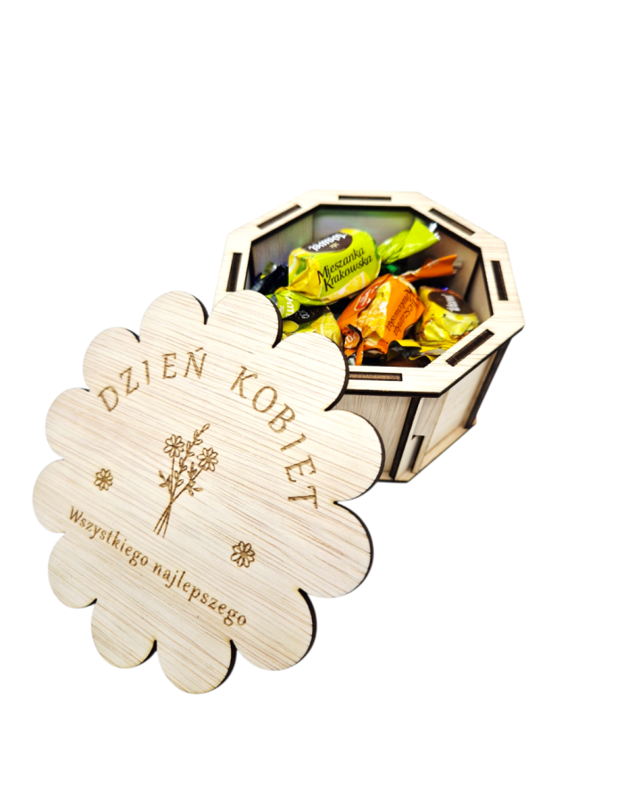 Drewniane pudełko prezentowe z wieczkiem w kształcie kwiatka 10×10 cm – pudełko na cukierki i drobne upominki