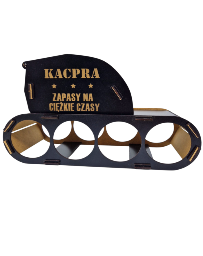 Czołg na piwo – stojak na 4 puszki + butelka, personalizowany prezent z grawerem