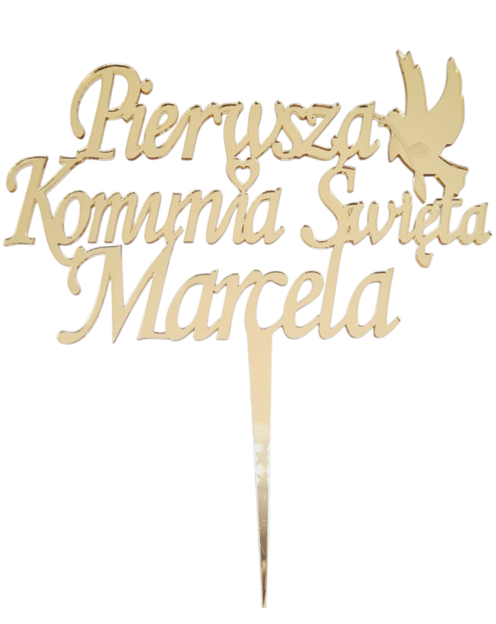 Topper na tort Pierwsza Komunia Święta z IMIENIEM, gołąb | Złoty Lustrzany Plexi Drewno
