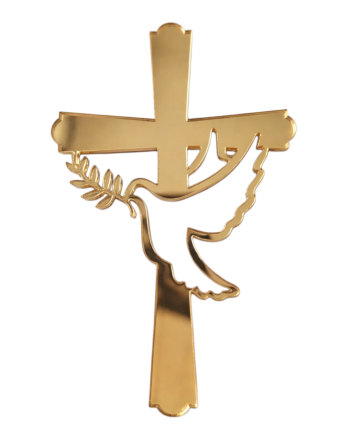 Topper na Tort KRZYŻ z Gołąbkiem Komunia Chrzest PLEXI Złoty Srebrny