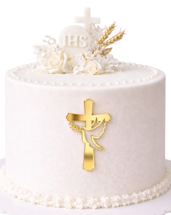 Topper na Tort KRZYŻ z Gołąbkiem Komunia Chrzest PLEXI Złoty Srebrny