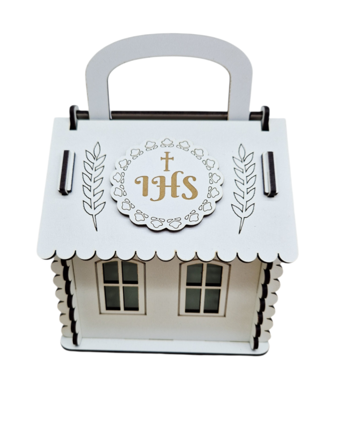 Pudełko Domek na Słodycze Pierwsza Komunia Święta, personalizowany upominek komunijny, słodka chatka