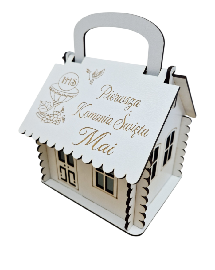 Pudełko Domek na Słodycze Pierwsza Komunia Święta, personalizowany upominek komunijny, słodka chatka