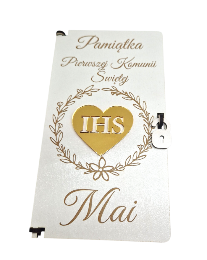 Pudełko na Komunię ze Złotym Sercem – Personalizowana Pamiątka I Komunii Świętej