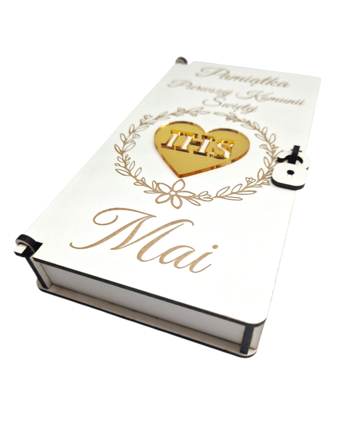 Pudełko na Komunię ze Złotym Sercem – Personalizowana Pamiątka I Komunii Świętej