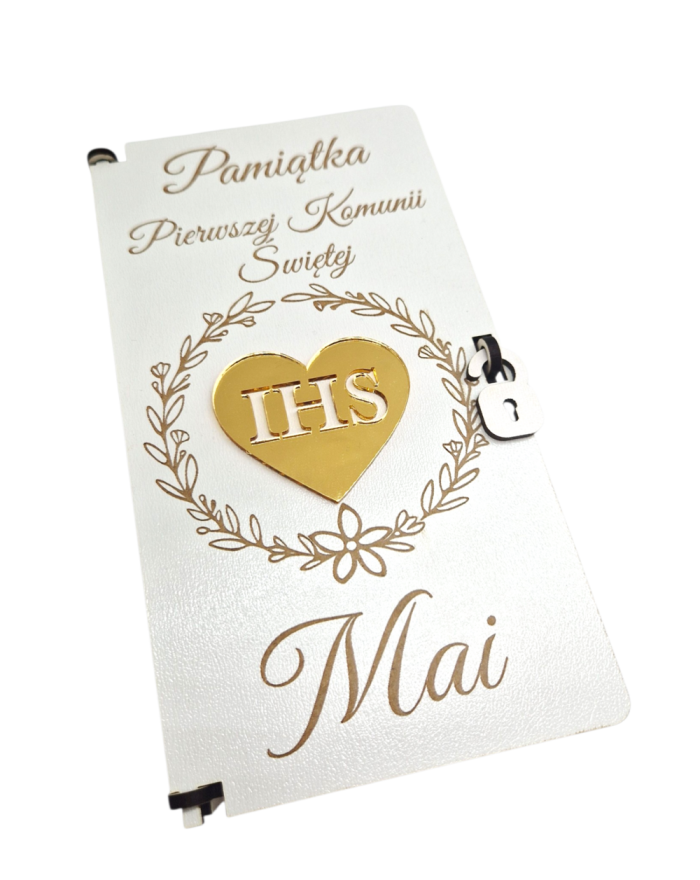 Pudełko na Komunię ze Złotym Sercem – Personalizowana Pamiątka I Komunii Świętej