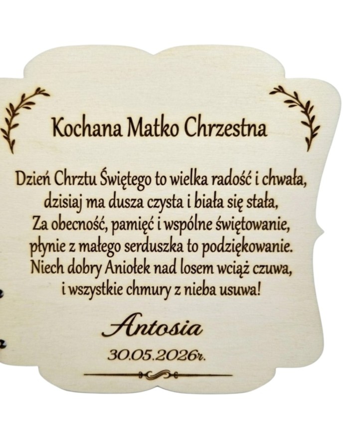 Podziękowanie dla Rodziców Chrzestnych Pamiątka Chrztu Świętego ze Zdjęciem