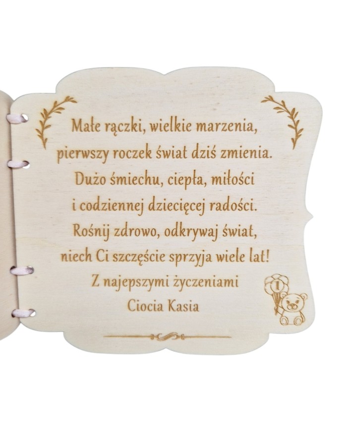 Drewniana Kartka Pamiątka na Roczek 1 Urodziny personalizowana dla dziewczynki