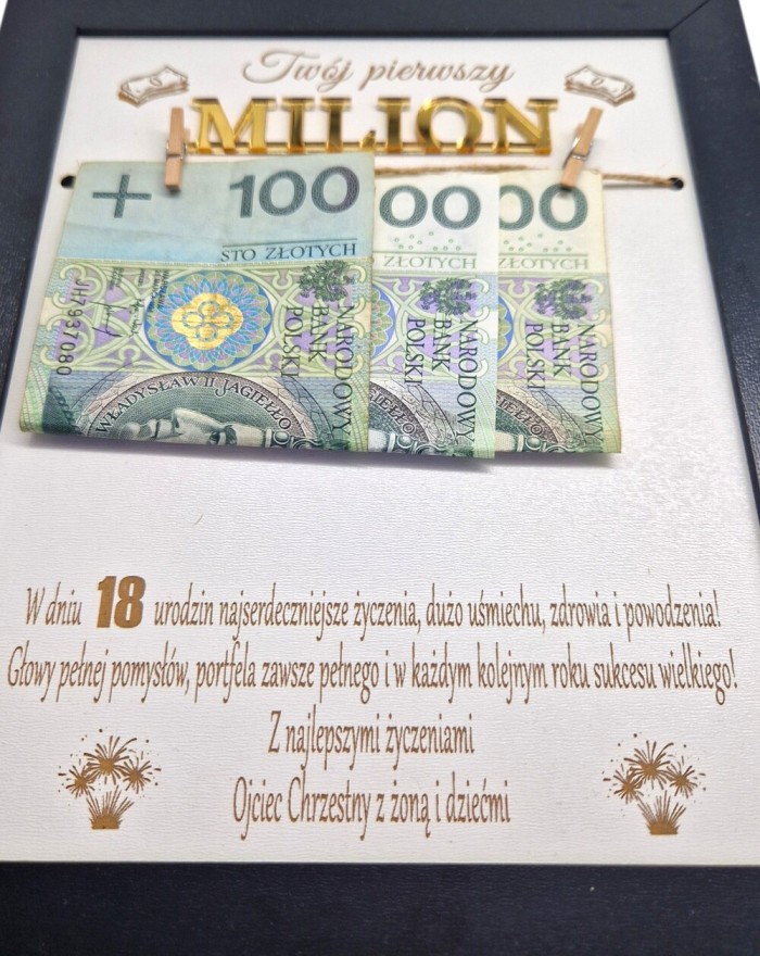 RAMKA Twój Pierwszy Milion PREZENT Na Urodziny 18 30 40 50  Na Pieniądze Pamiątka