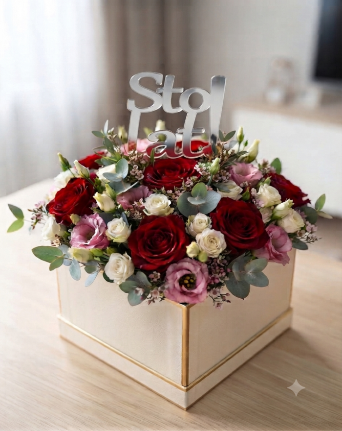 Topper napis sto lat zestaw 10 sztuk plexi złota lub srebrna do kwiatów flower box