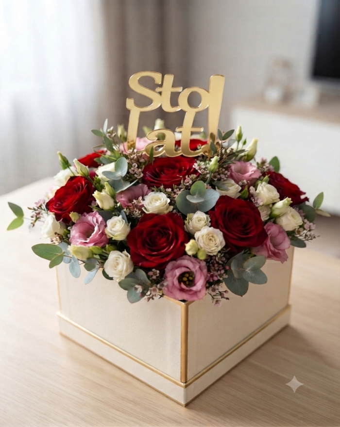 Topper napis sto lat zestaw 10 sztuk plexi złota lub srebrna do kwiatów flower box