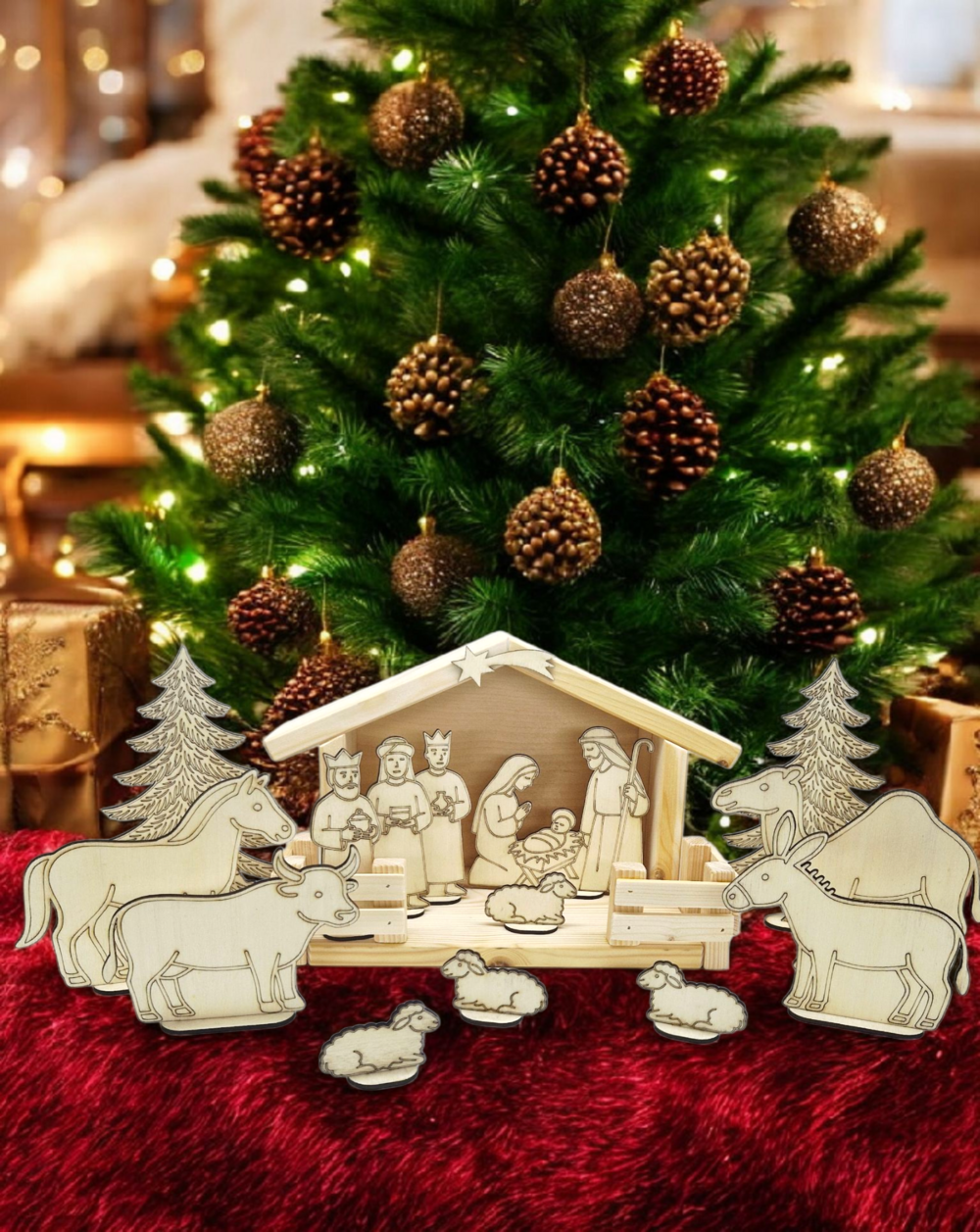 Drewniana szopka bożonarodzeniowa z figurkami ze sklejki do ozdabiania - tradycja, magia i kreatywność dla miłośników DIY
